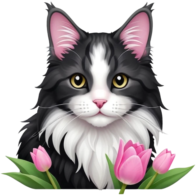 A cute  little  Black and white Maine coon and Pink tulip emoji