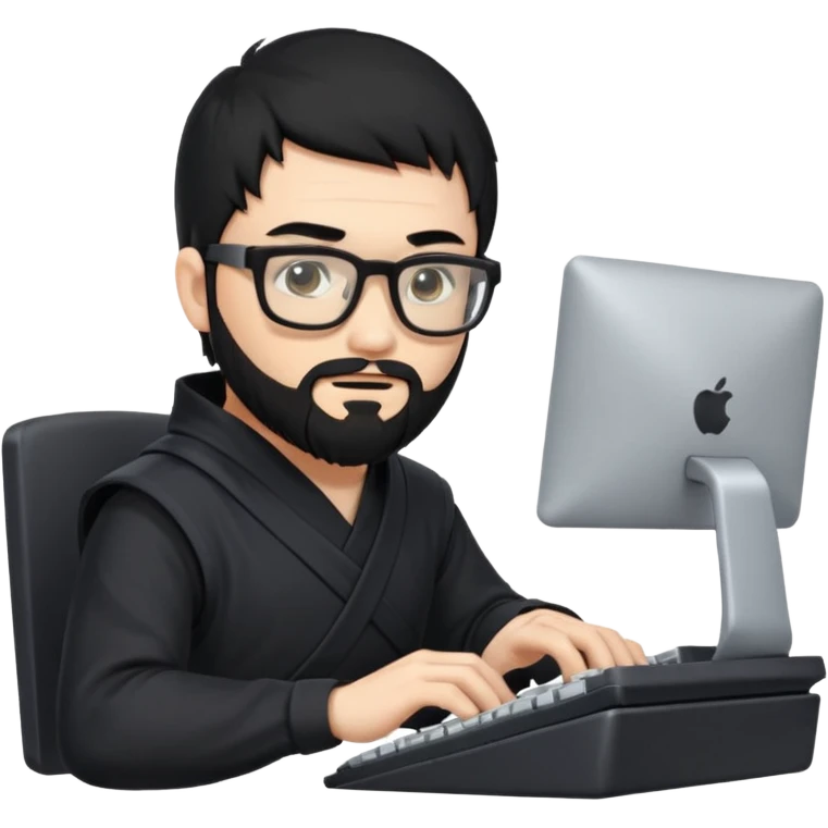 Man with black hair and beard wearing glasses in a ninja costume typing on a computer keyboard emoji