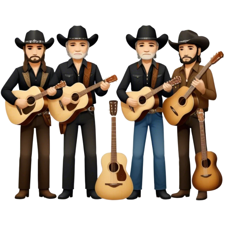 Icon for Country Music: The Highwaymen—Johnny Cash, Willie Nelson, Waylon Jennings, and Kris Kristofferson—standing together with guitars, cowboy hats, and rugged outlaw country aesthetics. Warm tones, western scenery hints, and a transparent background. emoji