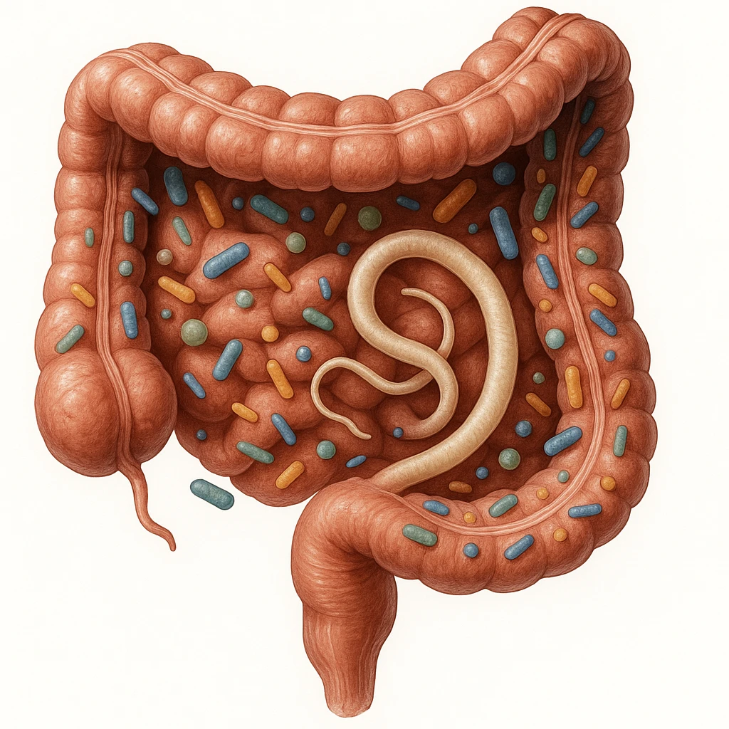 a medical illustration of a human realistic gut with bacteria and parasyte emoji