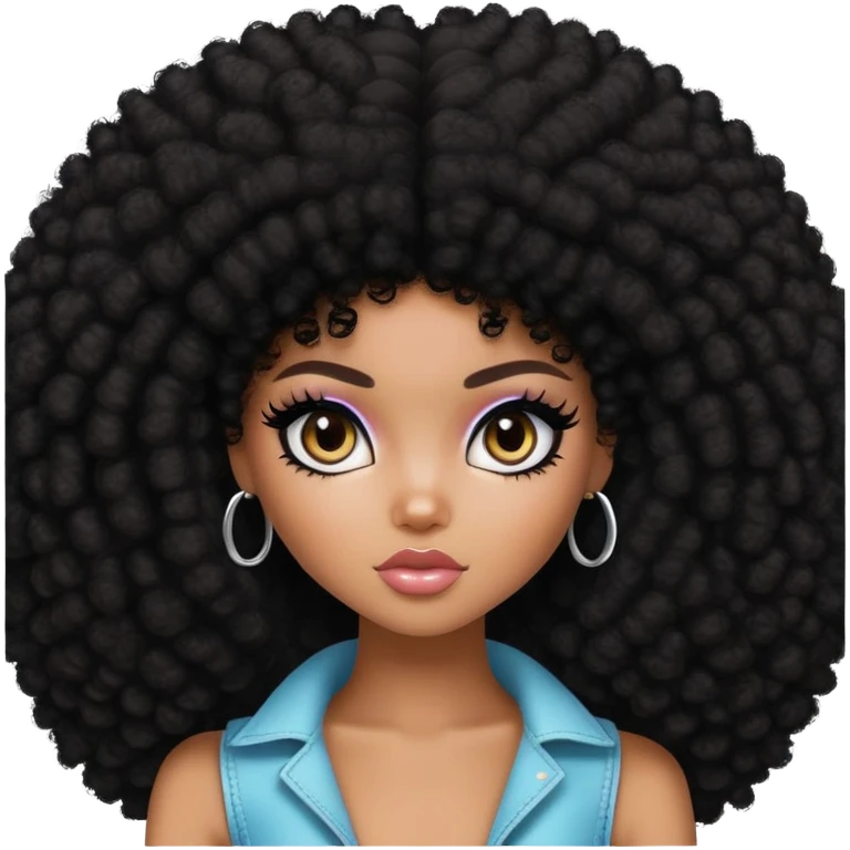 pretty bratz girl, dark black big afro, dark brown eyes, y2k fashion, black eyeliner, deep brown skin emoji