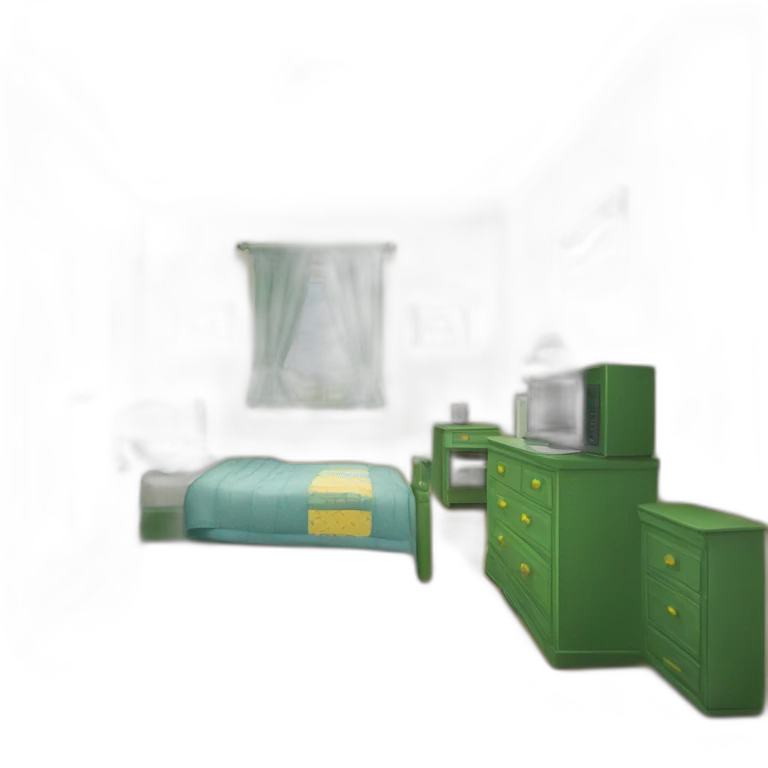 a bedroom with two green cupboards, bed with yellow pillow and quilt and a desk with PC emoji