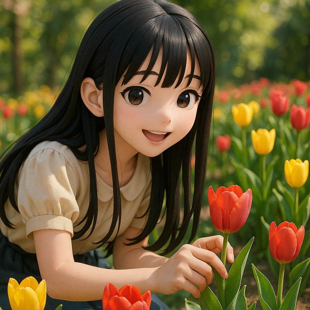 3D anime style girl with long black hair and thin bangs, smiling while picking tulips in a garden emoji