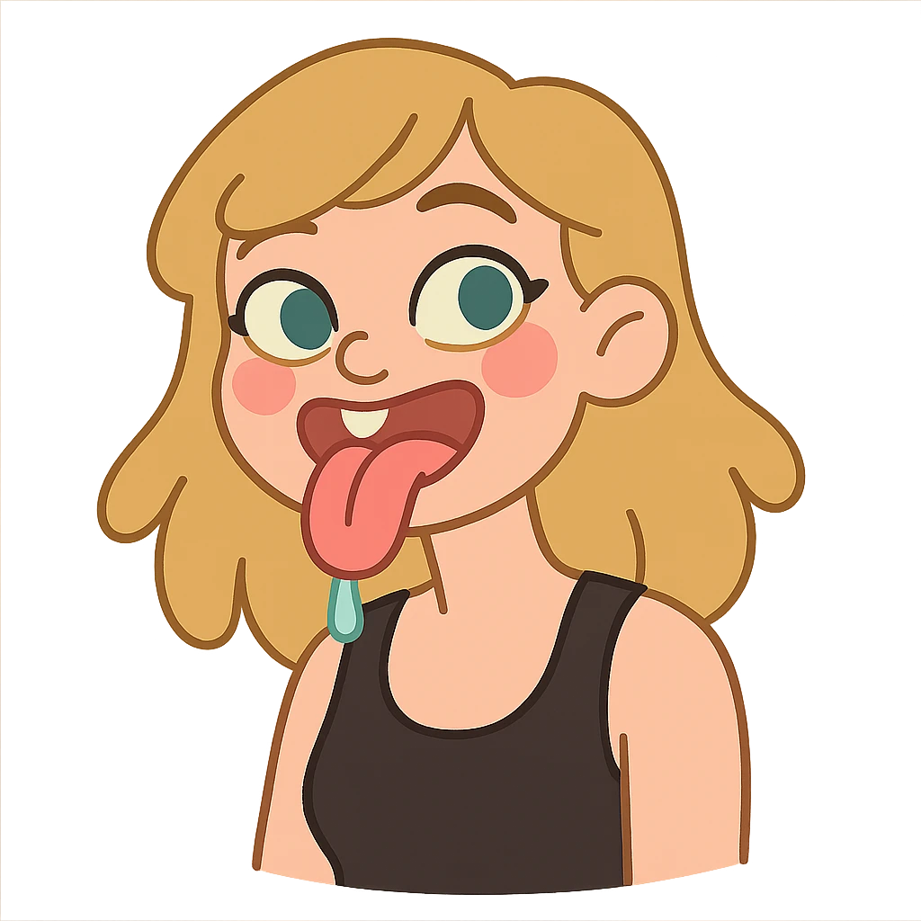 dirty blonde girl with blueish green eyes, black tank top, sticking tongue out and drooling emoji