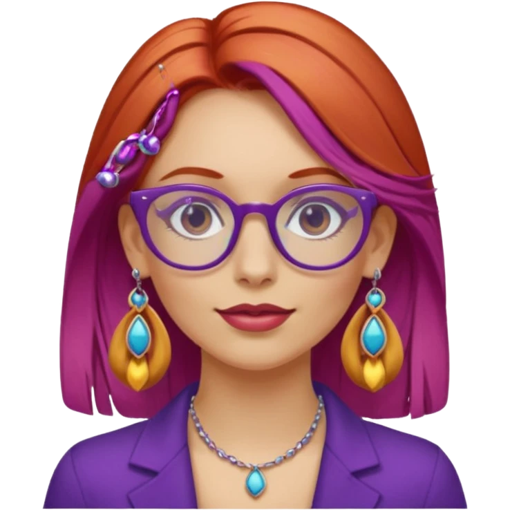 fai una signora con i capelli sia biondi che rossi con gli occhiali viola pieni di orecchini emoji