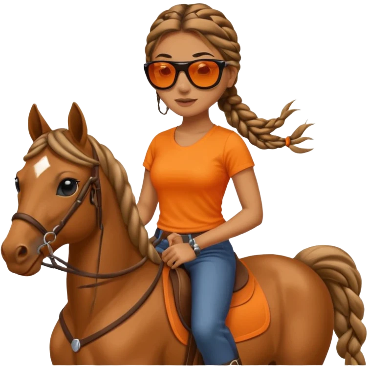 woman with long braids, sunglasses, orange top, riding a horse, simple bold emoji style emoji