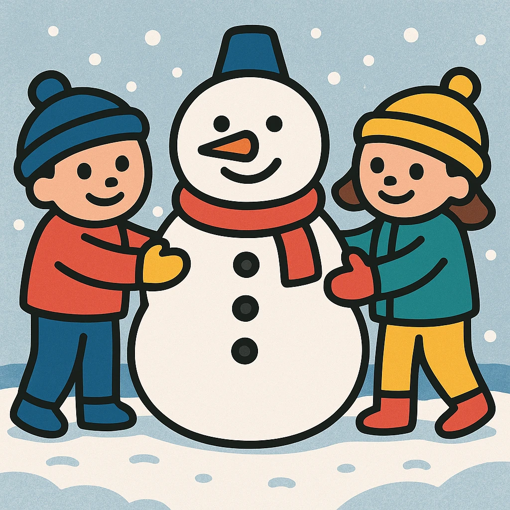Add a snowy background behind the kids building a snowman, keep the original color outline icon style emoji