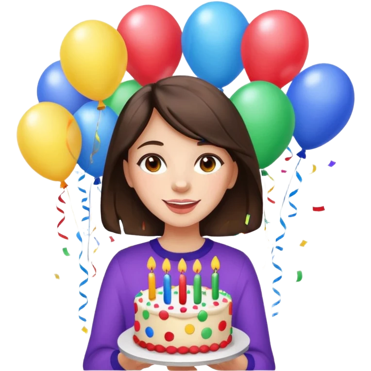 brunette girl with balloons and birthday cake, cheerful, confetti, party atmosphere emoji