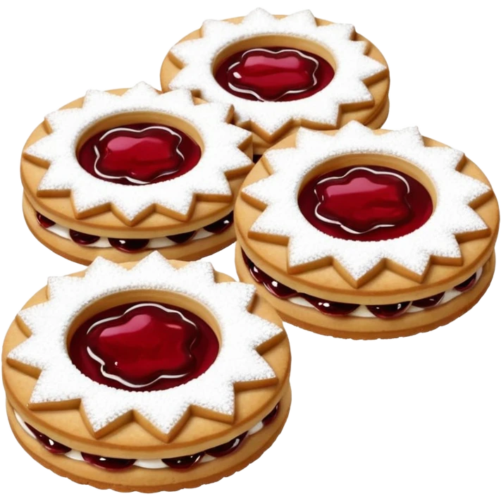 Linzer cookies with a red jam center shaped still round for eyes. emoji