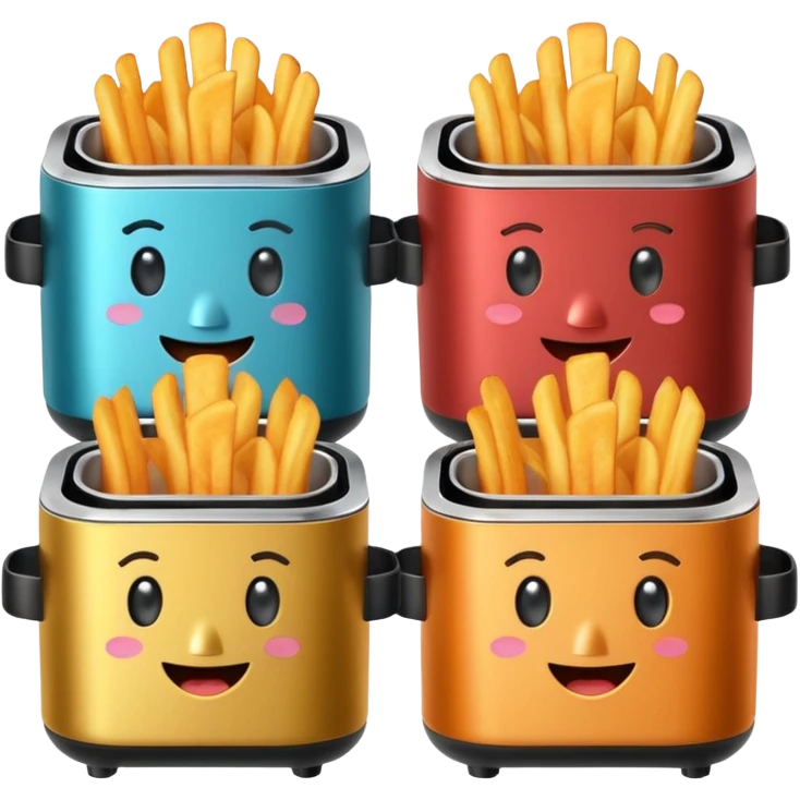 A whole set of air fryers with faces possing like different emojis emoji