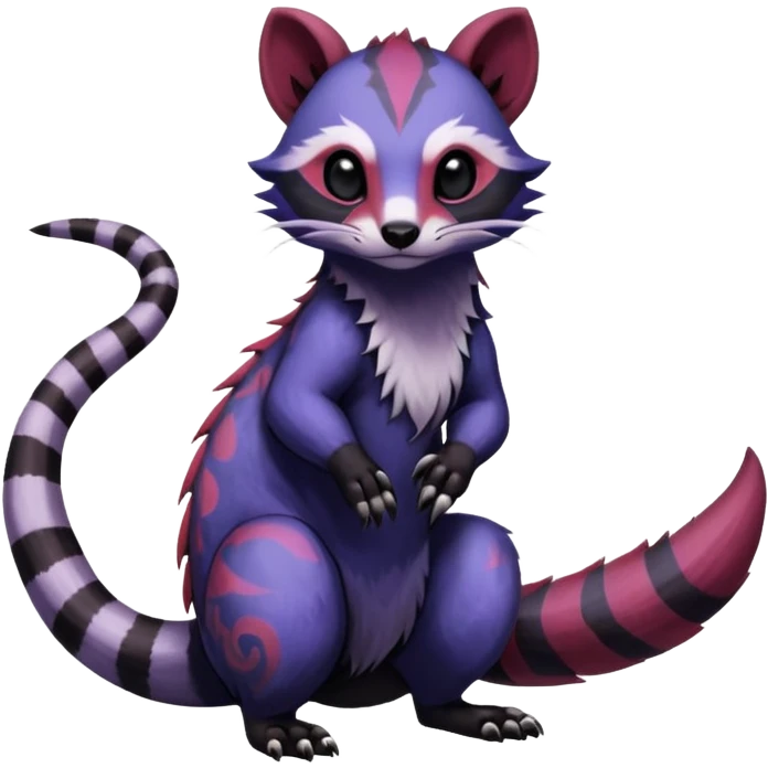 Rare warm-colored exotic gloomy tropical edgy cute epic aesthetic spooky indigo purple white black red gothic colorful Salandit-Furret-Civet-species-Fakemon-hybrid-creature, with tribal tattoo markings, full body emoji
