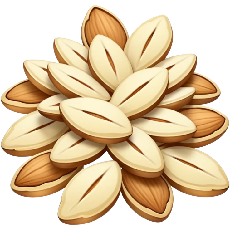 cluster of thin almond slices, ivory to pale gold, natural irregular shapes, some glossy, some matte, soft lighting, subtle shadows, no bowl or utensils, no faces, transparent background, emoji scale emoji