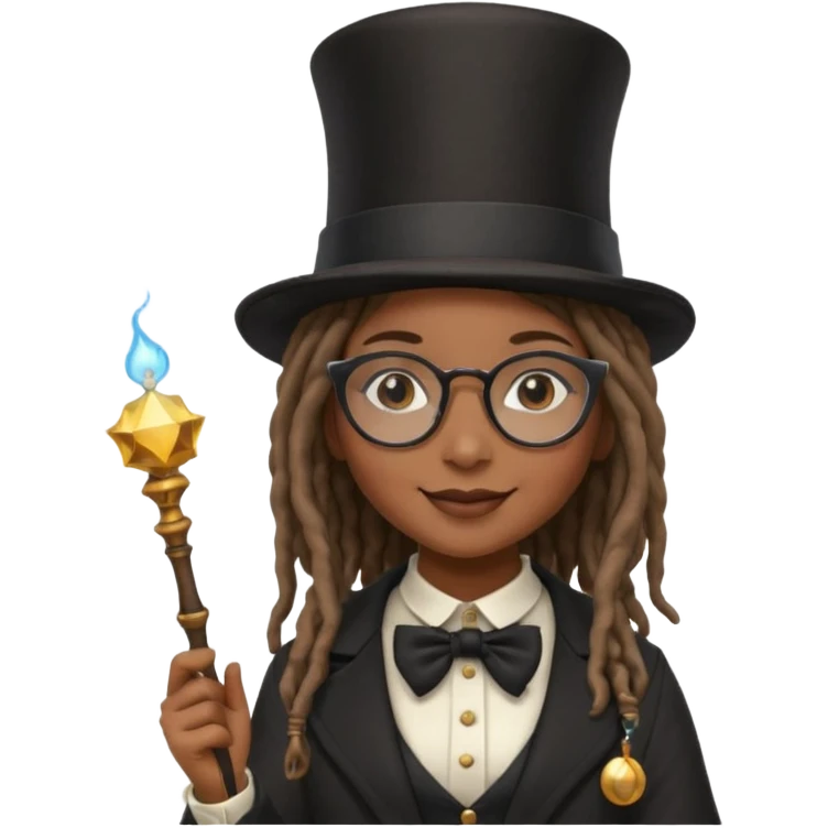 Black female with dread lock hair and large glasses in a top hat with a magic wand emoji