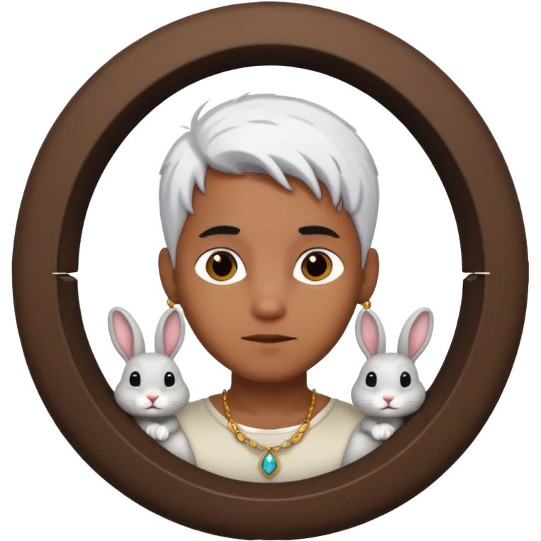 brown skinned boy with half white hair and half black hair with jewellery in a rabbit hole emoji