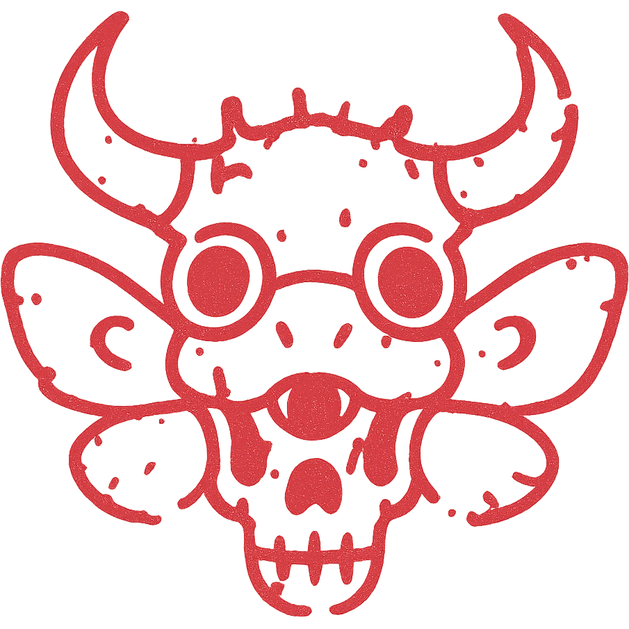 an extremely distressed red line art icon of a hybrid head with minotaur skull, stoat features, frog elements, and moth wings, with severely incomplete perimeter, numerous missing lines around the edges, parts appearing to fade away entirely, extremely weathered with large gaps, torn sections, and heavily eroded appearance, minimal thin red lines only emoji
