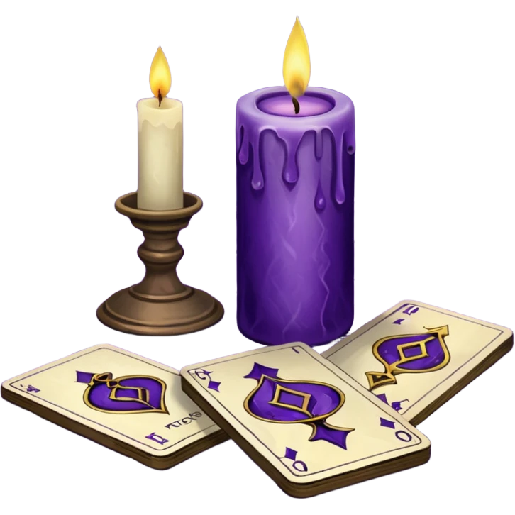 A purple deck of tarot cards and a one candle nearby emoji