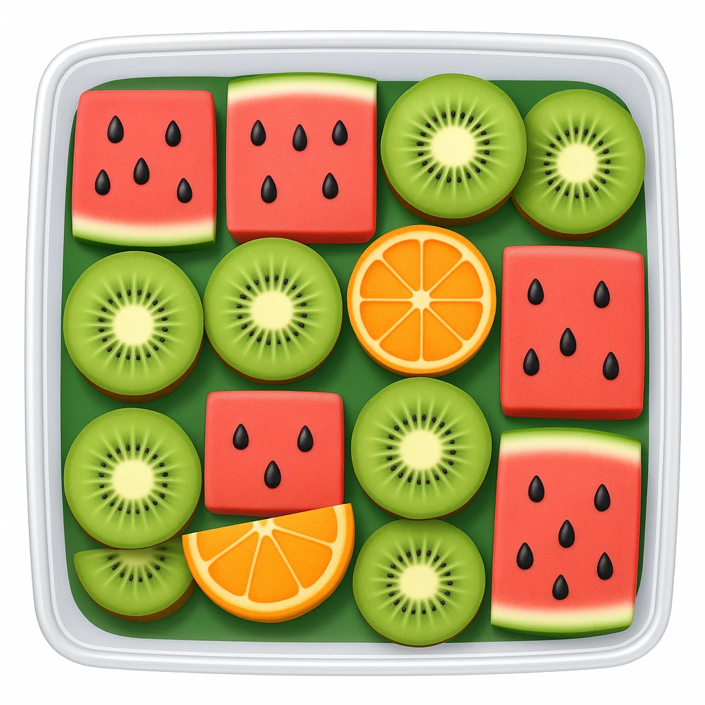 Change the box to a transparent container, keep the fruit platter arrangement the same, in the style of emoji (apple style emojis). emoji