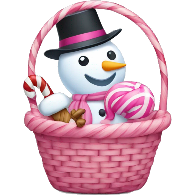 A basket with a pink candy cane and a snowman sticking out of it  emoji