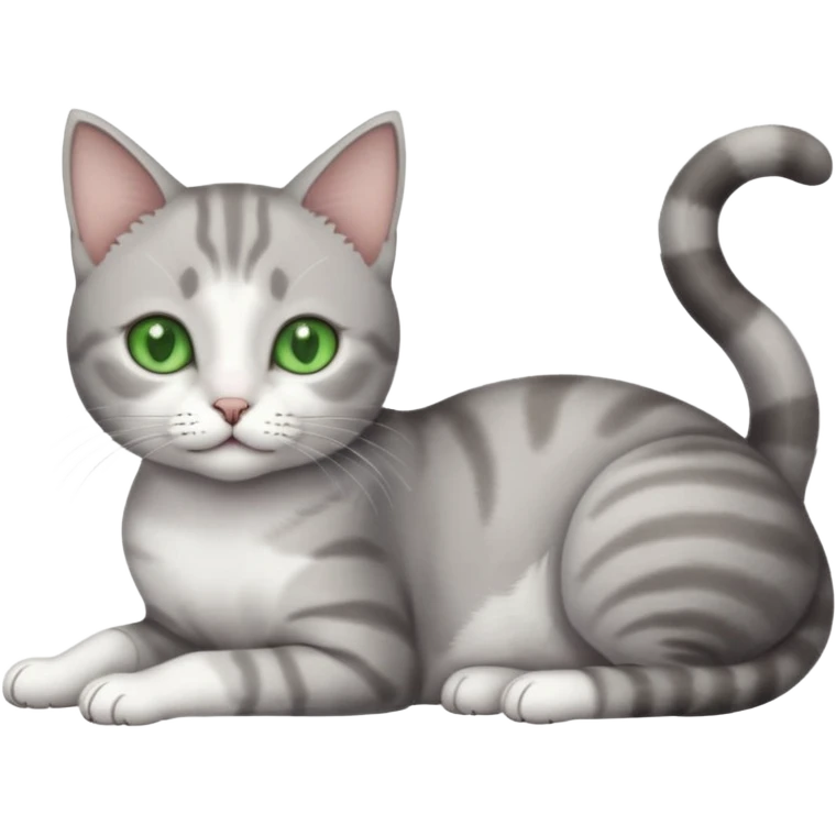 full body tiny short hair grey and white cat with white front legs and green  eyes lying down emoji