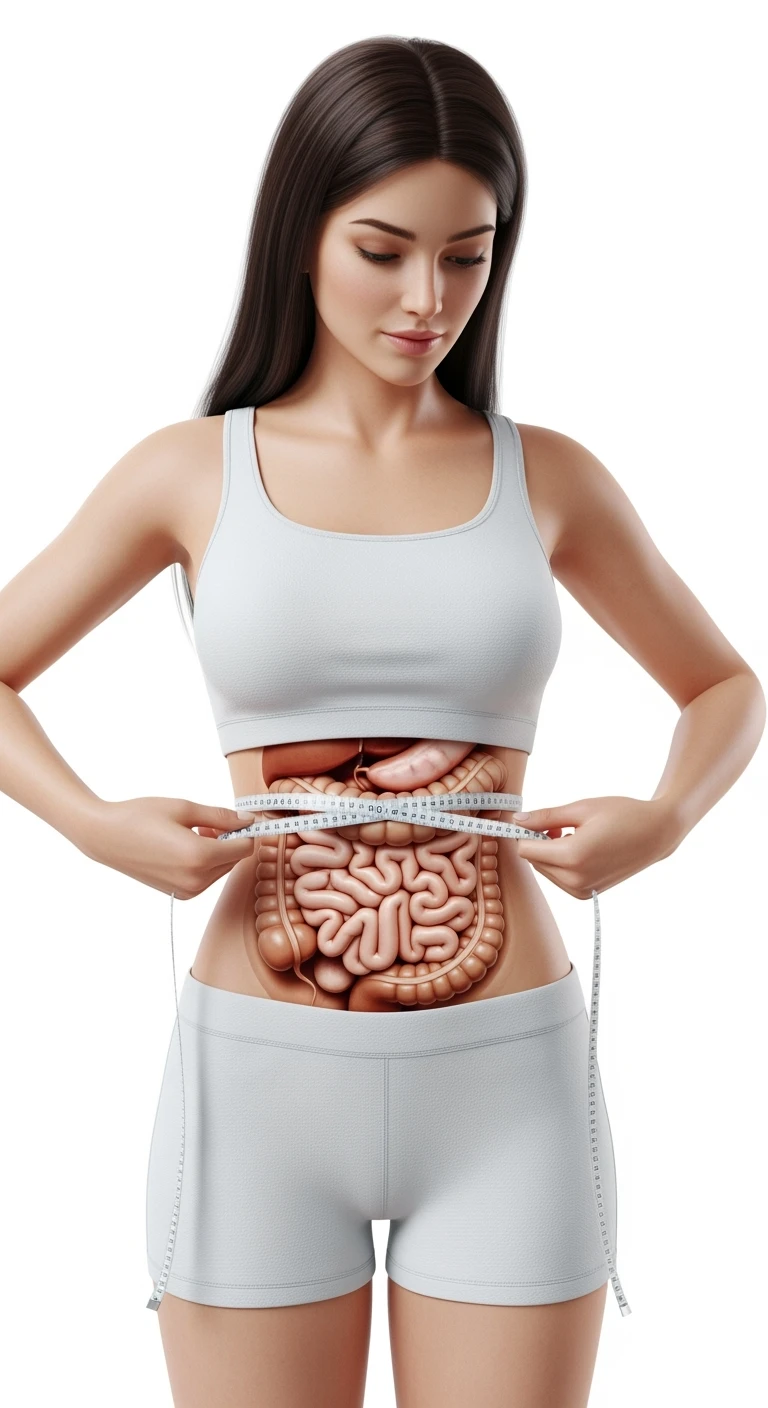 DONNA CHE SI STRINGE I FIANCHI CON LE MANI PER MISURARLI, INTESTINO ANATOMICO REALISTICO IN EVIDENZA, iperrealistico 4k, SENZA METRO, ISOLATA SU SFONDO BIANCO emoji