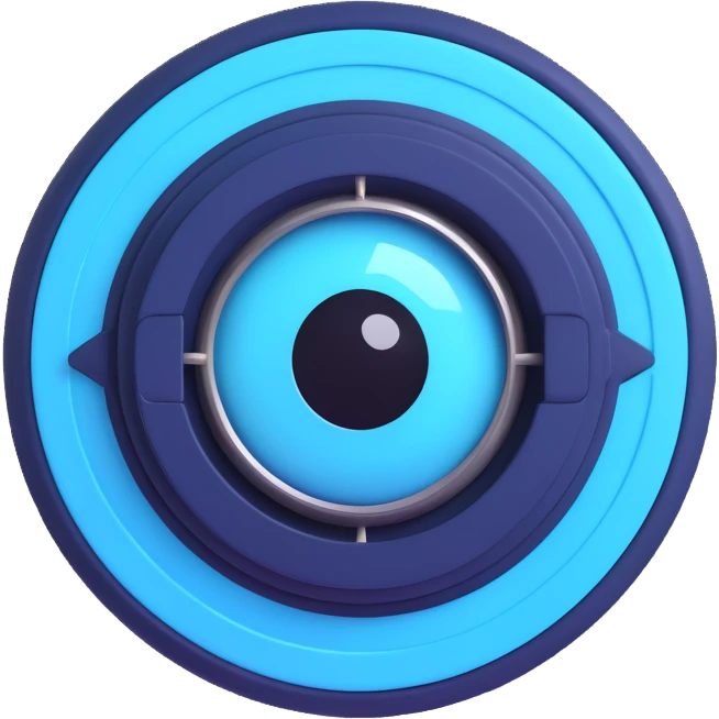 high-tech emoji style icon for crypto bot, round badge, robotic eye with integrated volume bars and sharp mountain motif, neon cyan and navy blue on black background, clean lines detailed minimalist cyberpunk trading interface vibe, no text emoji