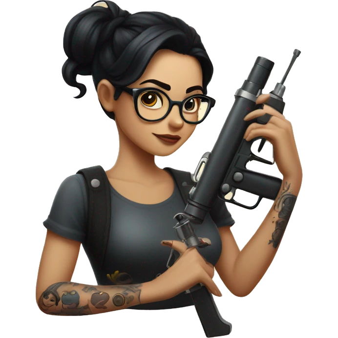 dark haired girl with glasses and a tattoo gun in one hand and a book in the other with the european stars circle in the background emoji