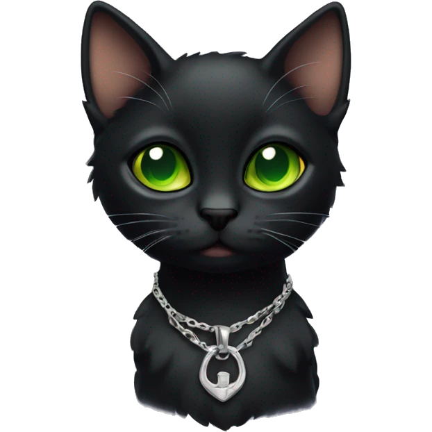Skinny runt of the litter Black cat with green eyes wearing a silver locket emoji