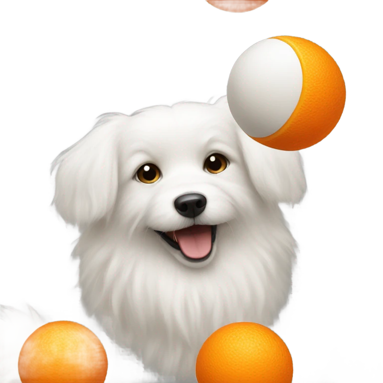 White fluffy dog with orange ball emoji