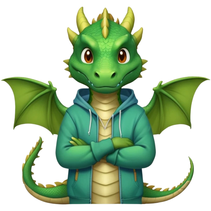 friendly anthropomorphised green dragon in a hoodie and jeans standing upright with arms folded emoji