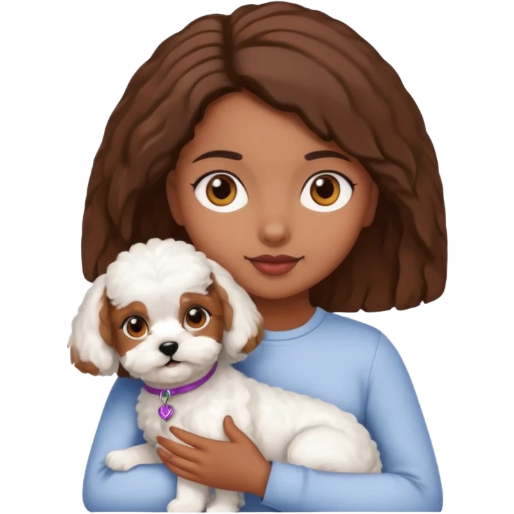 Chica morena ojos marrones con un bichón maltés en los brazos emoji