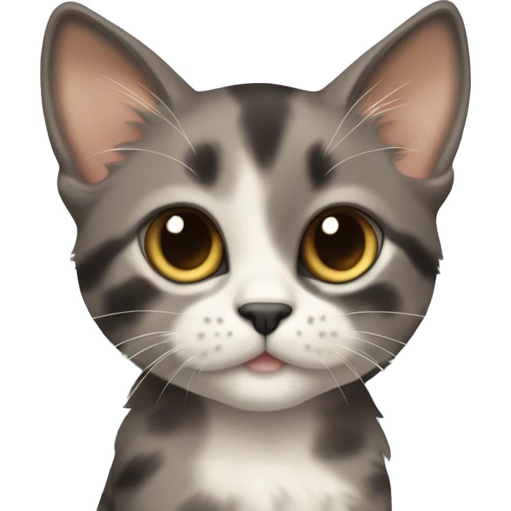 A cute medium fur kitten who is a diluted tortie, grey with cream left cheek and cream spot above eye and one on the forehead emoji