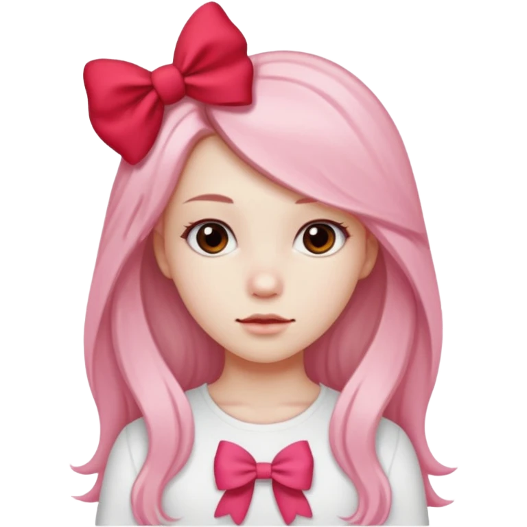 girl with long hair with side parted pale skin red pink bow in her hair and wearing a white basic top emoji