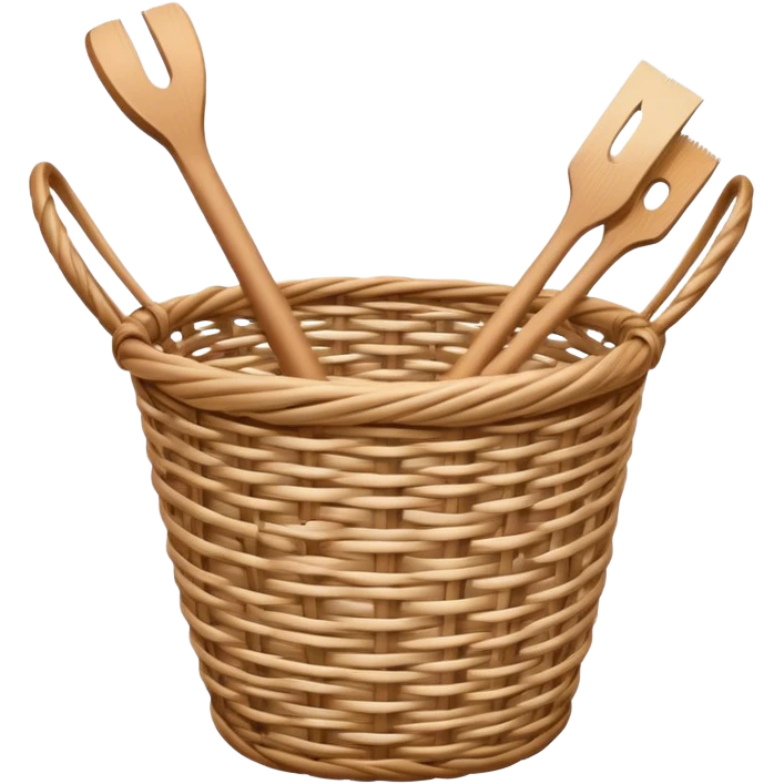 Wicker weaving icon, flexible wicker branches woven into a basket or decorative object, weaving tools like a knife or awl, intricate patterns, minimalistic style, clean lines, transparent background. emoji