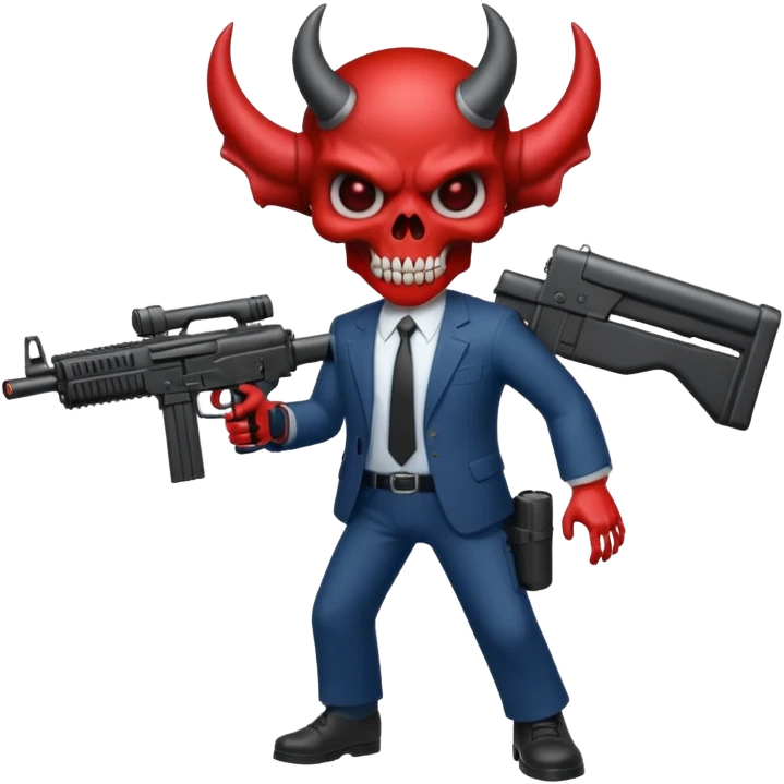 A Demon from hell that is dressed like a fbi agent with a machine gun, full body pointing the machine fun to the left. In the style of your bleeding skull artwork. Just one machine gun emoji