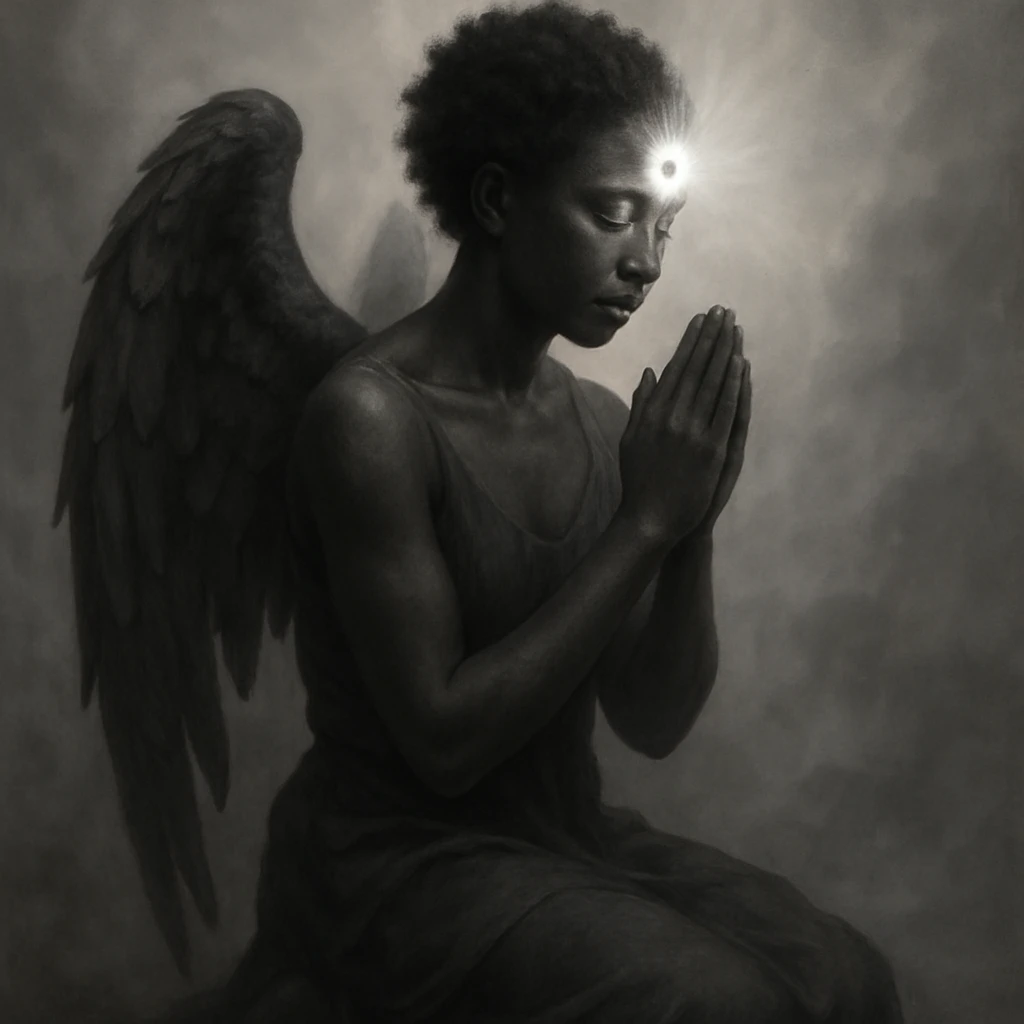 a black angel kneeling in prayer, third eye radiating light, misty ethereal background emoji