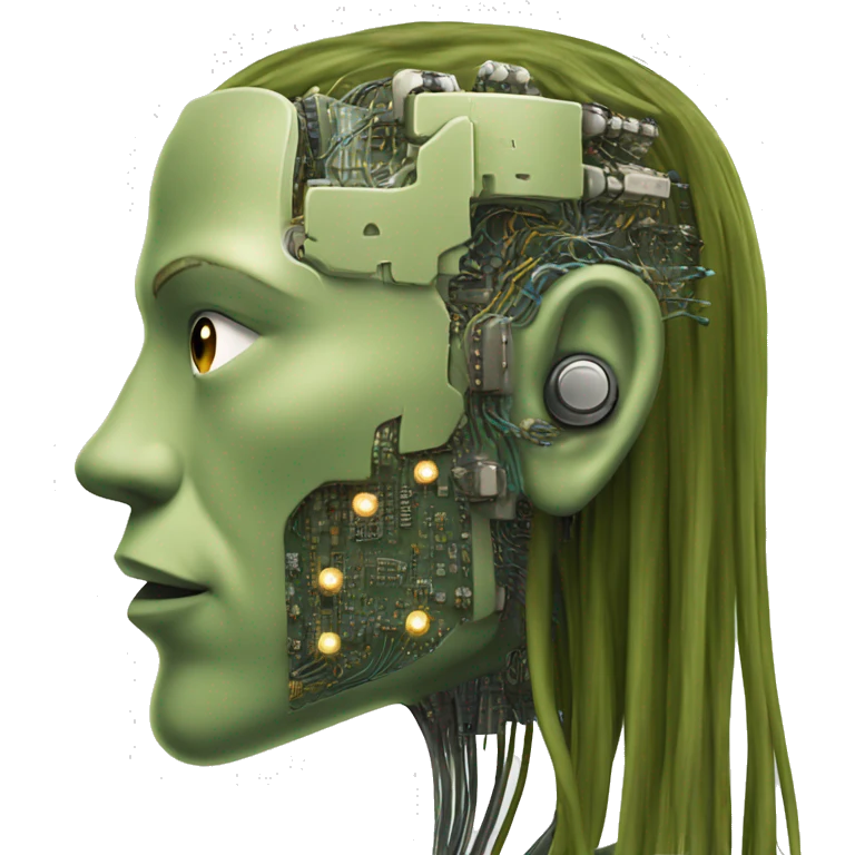 Olive green long hair man cyborg head with circuits emoji