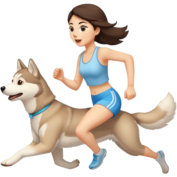 Fille, brune qui court avec son HUSKY beige clair emoji