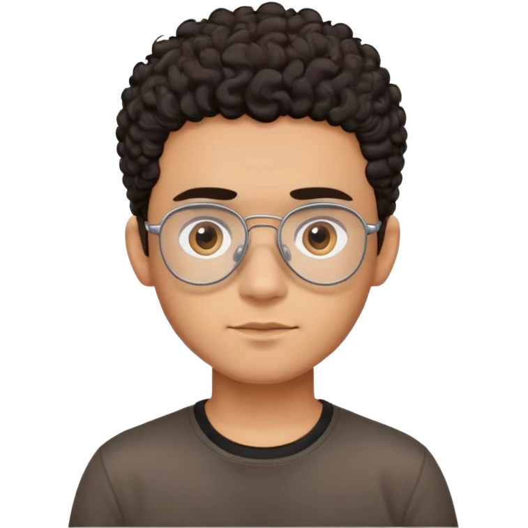 Young Latino male with small oval face, prominent forehead, aviator eyeglasses with metal frames, completely shaved sides with minimal dark curly hair on top only, gentle neutral expression, brown skin tone, simple black t-shirt emoji