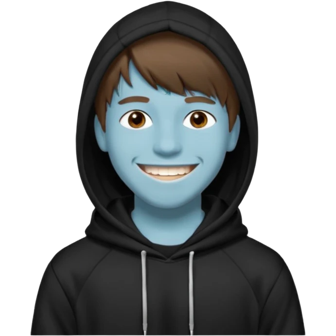 20 yr old man, brown hair, straight, big smile, white teeth, tanned skin, bangs, black hooded sweatshirt, long hair in back, middle parted bangs emoji
