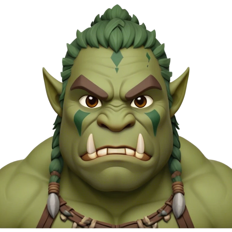 Cinematic Noble Ogre Portrait Emoji, Majestic and imposing, with a rugged, muscular form in deep earthy greens and browns, adorned with battle scars and subtle tribal markings, exuding calm, noble strength and unexpected wisdom, simplified yet strikingly detailed, glowing with a shadowy outline that captures the essence of a gentle giant with fierce heart! emoji