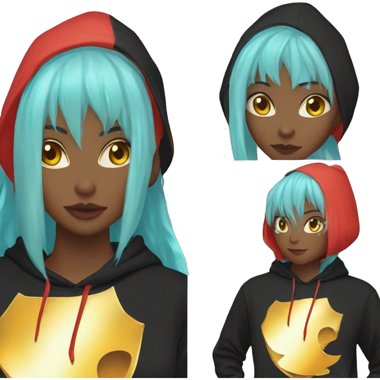 Lady with brunette and iridescent blue hair, gold, lime green dragon wings, black hoodie, bleach dyed, black and gold Nike t shirt, and bright red eyes emoji