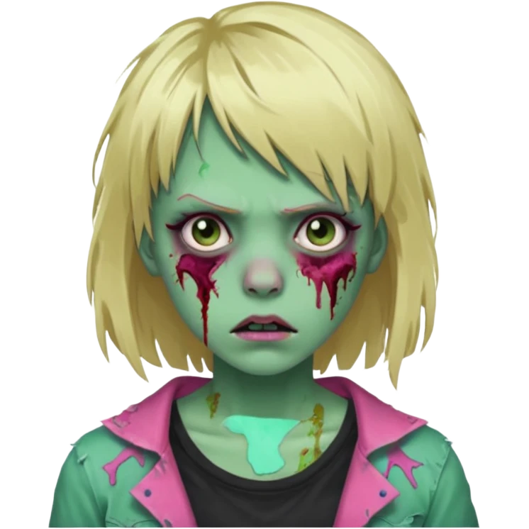 A zombie with pale green skin, messy blonde hair, and bangs with a pink streak on the left side. She has a blank stare and wears torn clothes. Creepy but stylish! emoji