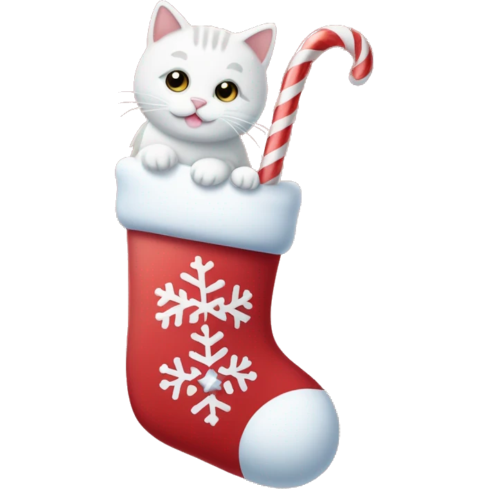 light red stocking with snowflakes on it and a small white cat poking out of the stocking and a candy cane beside the cat emoji