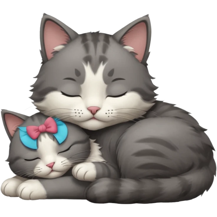 dark grey and white small cat with closed eyes, leaning his head on his paw while leaning on his elbow lying down emoji