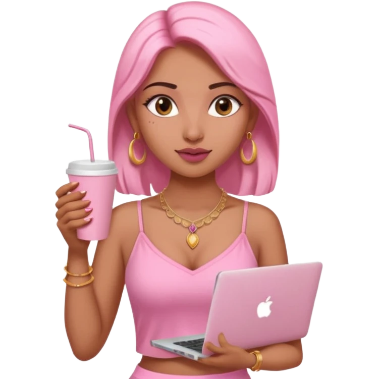 a pretty fair indian bratz girl with a pink cami top, drinking takeaway brown coffee, golden dainty necklace and carrying a white macbook emoji