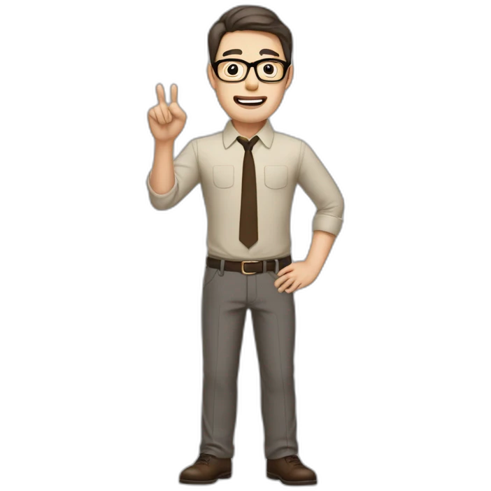 To belt Actively gesturing with hands Pale skinned fit man with dark brown hair in gray jacket, beige office shirt, brown tie, brown pants and vintage glasses. emoji