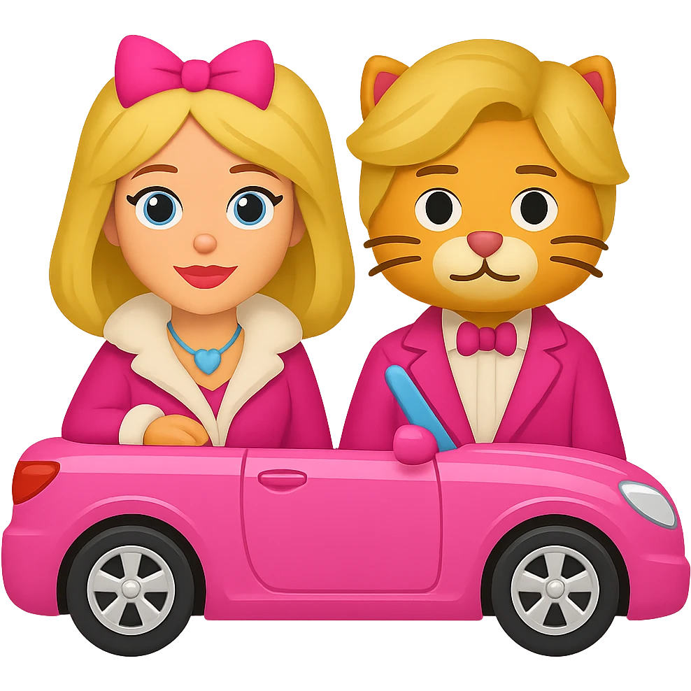 Add Barbie and Ken style wigs to both cats, keep them in a pink convertible, emoji style, no background. The style should resemble emoji style with bright colors and simple shapes. emoji