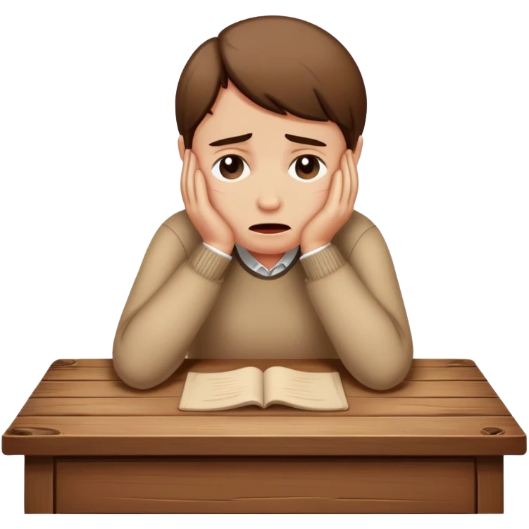 person sitting at a vintage wooden desk crying emoji