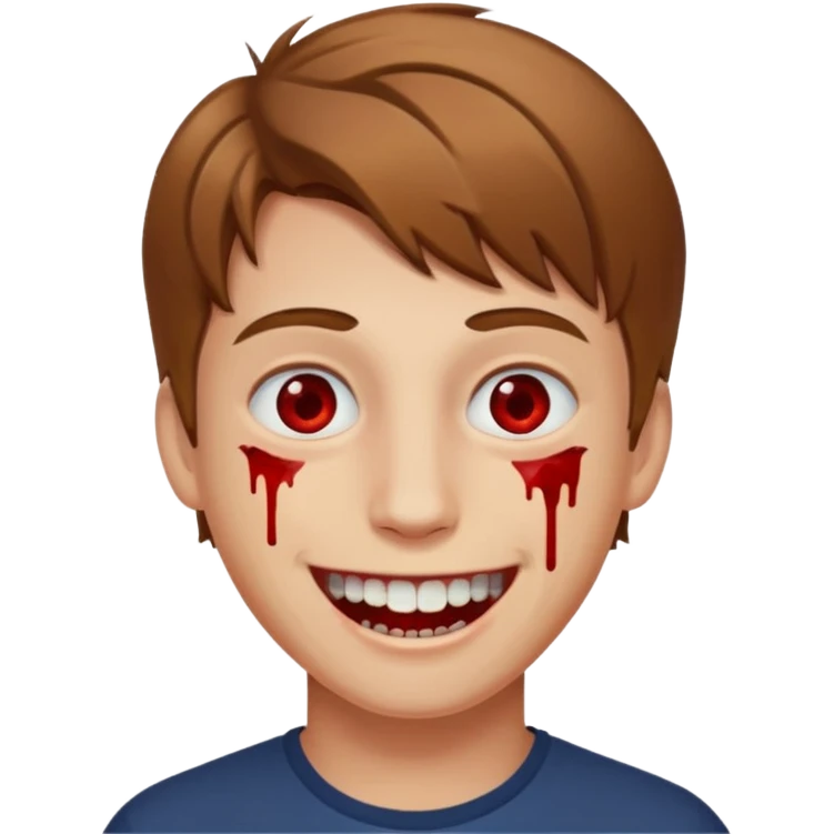pjv,b парень с русыми волосами средней длины; белая кожа; белые глаза; открытая улыбка, окровавленные зубы; emoji