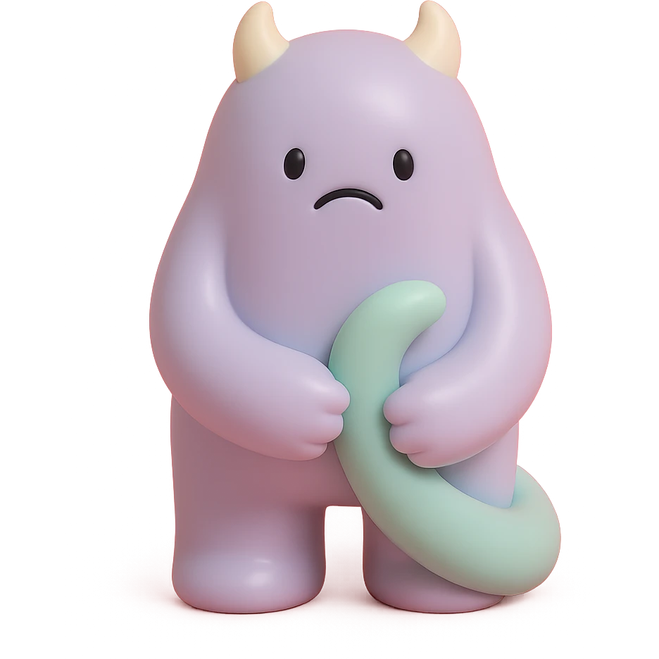 small monster with drooping shoulders, holding its own tail, gentle lighting, subtle colors, toy-like vinyl figure style emoji